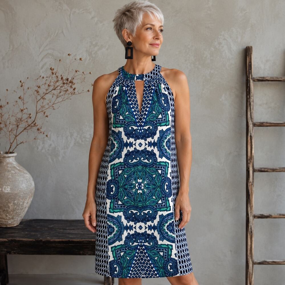 Cremieux Blue Geometric Floral Paisley Print Shift Dress 2